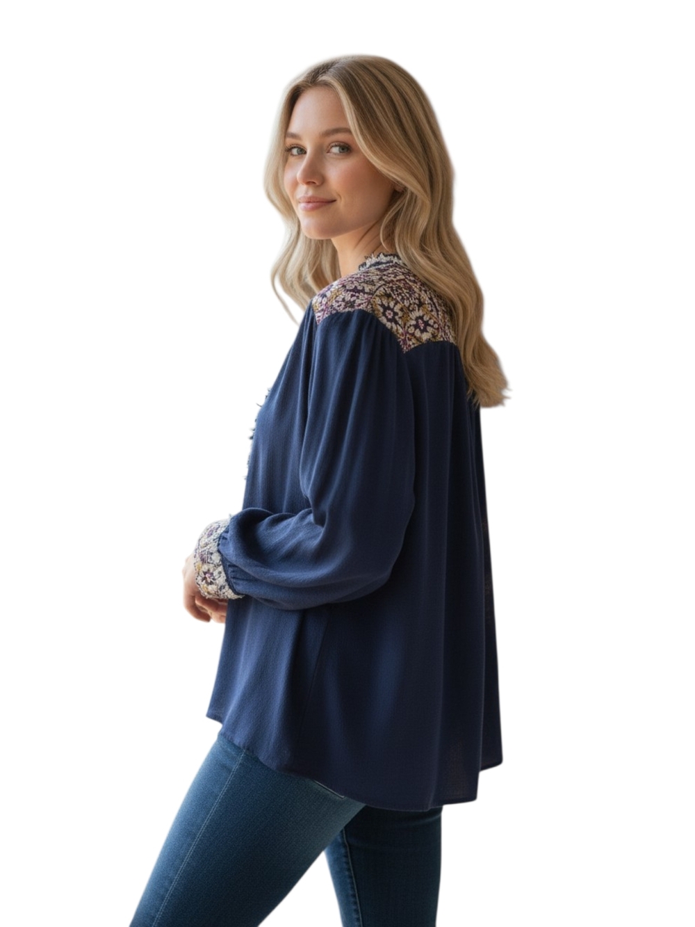 Umgee Navy Embroidered Yoke Blouse